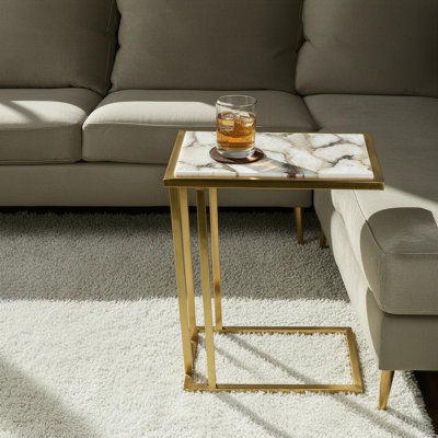 Esmerelda Contemporary Marble and Metal Rectangular C-Shaped Side Table
