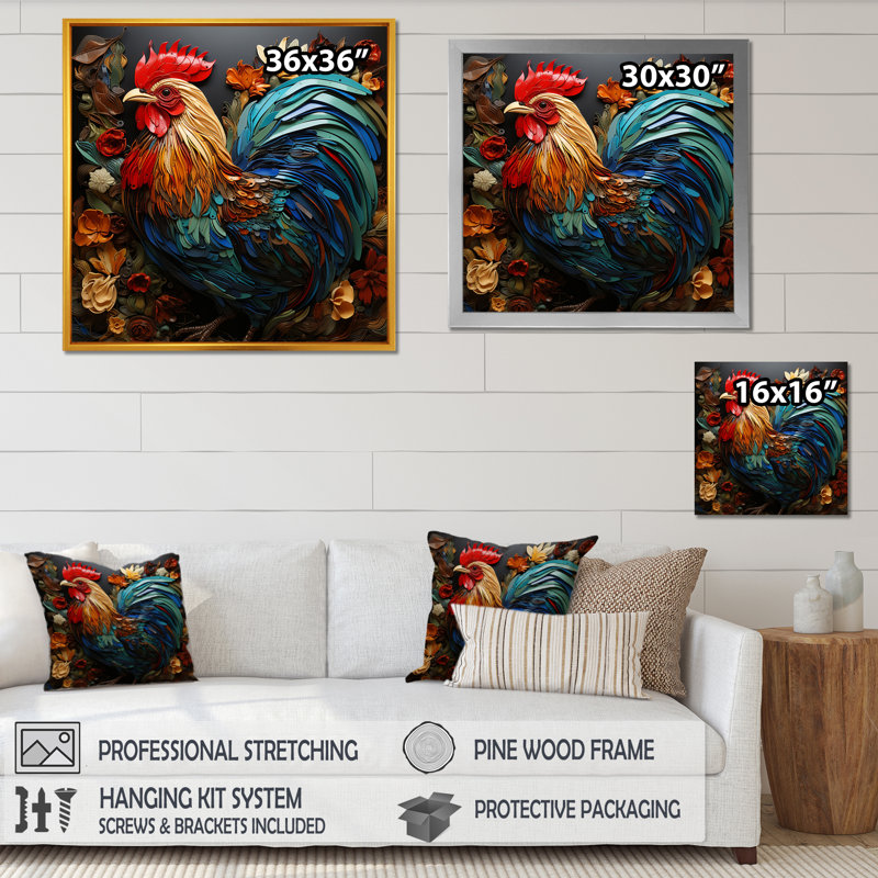 Art mural moderne coq moderne - poulailler, Cadre doré simple, H 30 po x l 30 po x P 1,5 po