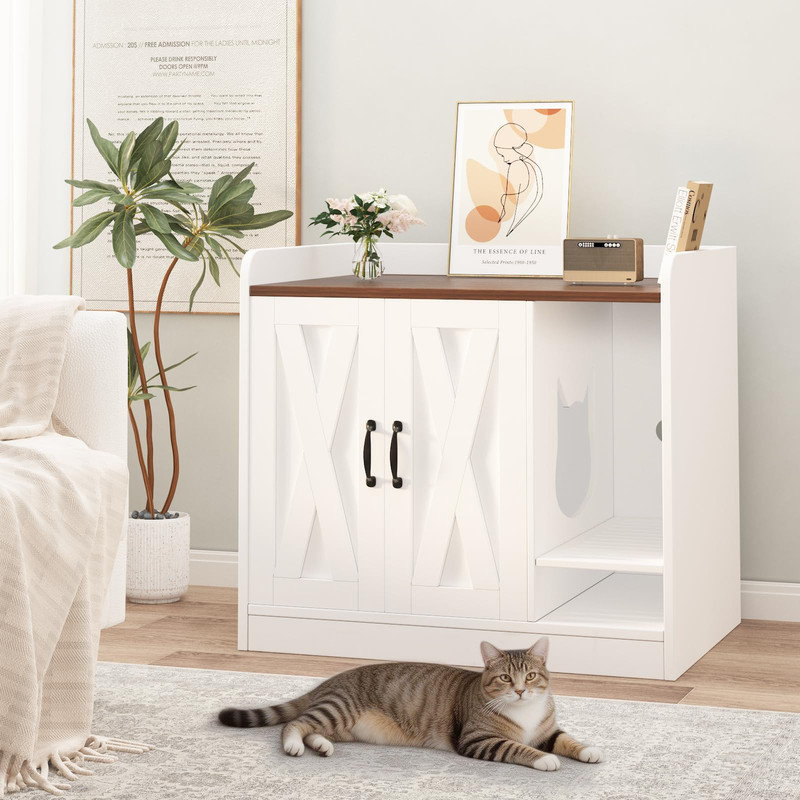 Enceinte de litière en bois pour chat avec cloison - table d'appoint moderne, table de chevet et maison de chat d'intérieur, L 33 po x l 24 po x H 24 po