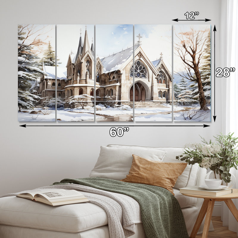 Chapelle de mariage blanche, aquarelle d'hiver rustique - paysage romantique, art mural, salon - 5 panneaux égaux