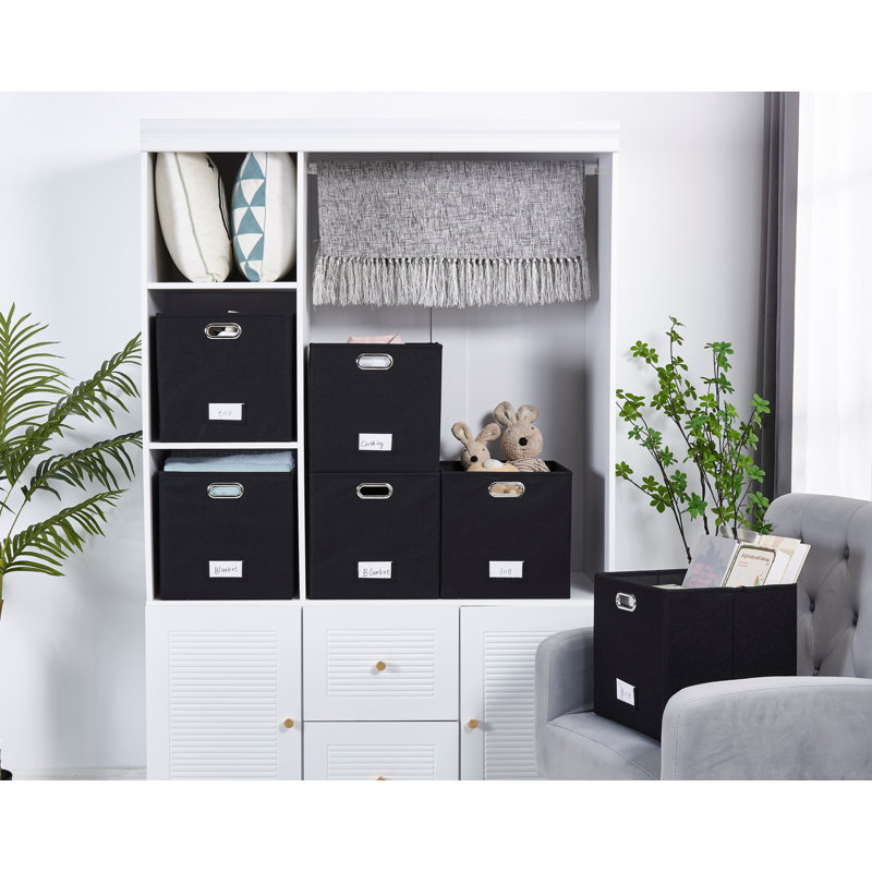 Collapsible Felt Cube Storage Bin with Label Holder and Metal Handles, Black, 23 qt