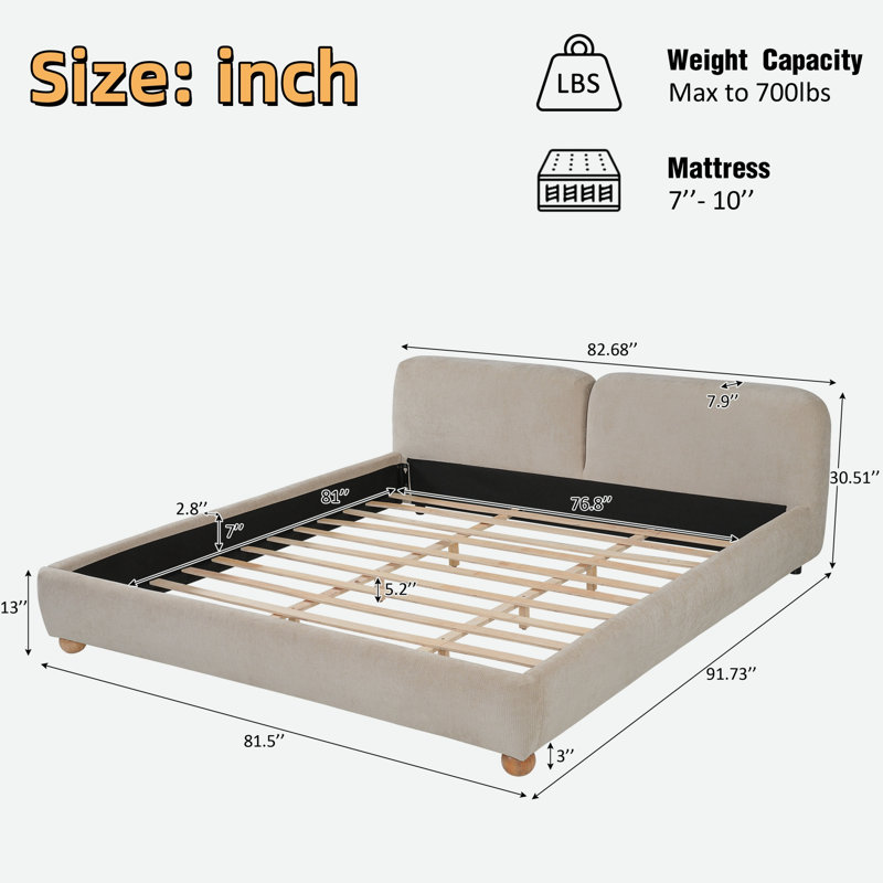 Lit plateforme tapissier avec tête de lit épaisse incurvée et pieds arrondis en bois d'hévéa, Taupe