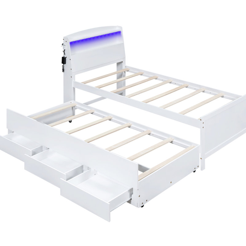 Lit plateforme simple avec lit gigogne avec rangement, tête de lit à DEL, 3 tiroirs, blanc et bois pour chambre à coucher de style 3 et confort solide