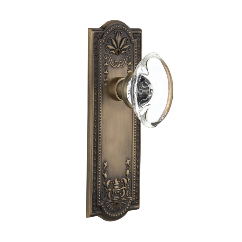 Meadows Plate with Oval Clear Crystal Door Knob, Antique Brass