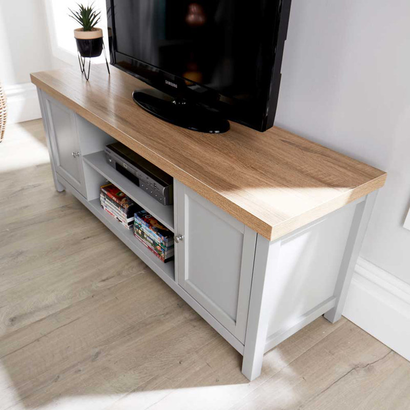 Spraggins 2 Door 36mm Thick Top Wide TV Stand Shelf Unit, Grey/Oak