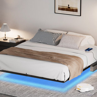 Floating Bed Frame With LED Lights & Charging Station, Metal Platform Bed, 79.9'' L X 60.2'' W X 7.9'' H. (Bed)