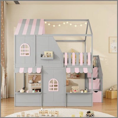 Lit superposé double au dessus d'un lit double avec escalier et tablettes de rangement, structure de lit superposé en bois pour enfants avec conception de maisonnette, toit et porte, marches de rangement et tablettes ouvertes, gris et rose