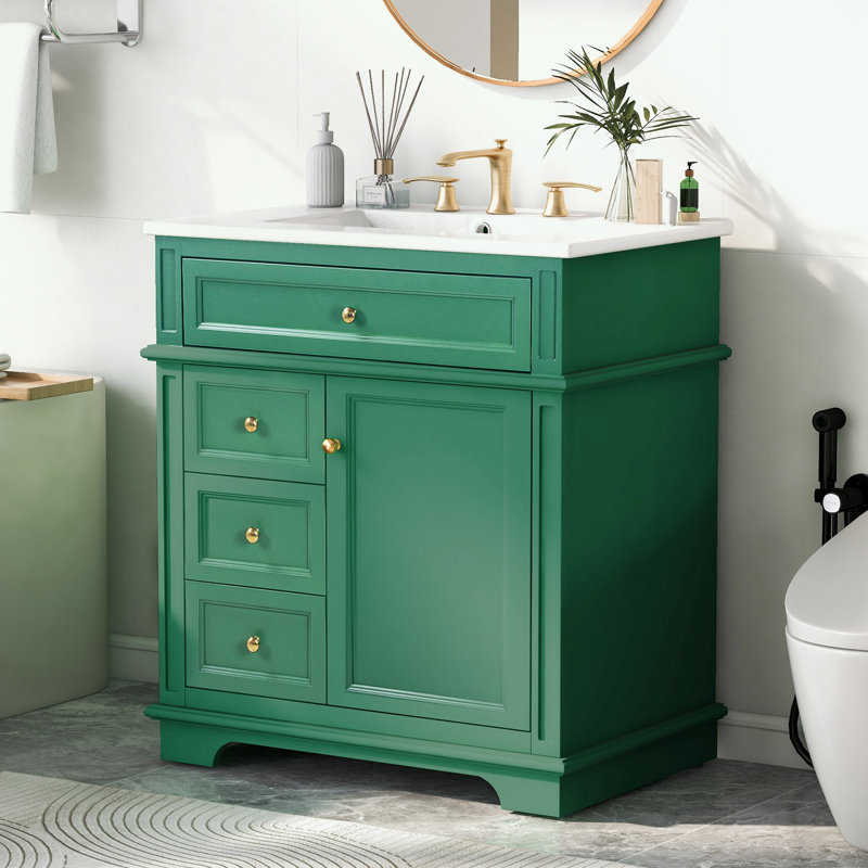 Bathroom Vanity with Sink, Three Drawers and Door Shelf, Green