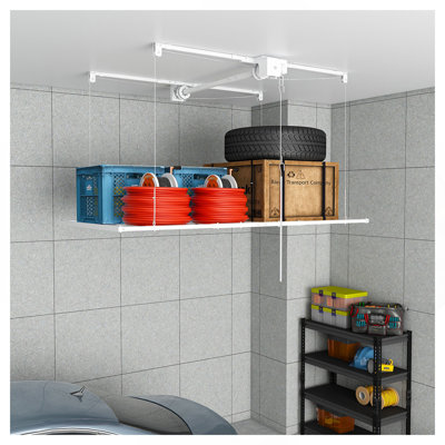 Support de rangement pour garage suspendu 3 pi x 6 pi pour plafonds hauts de 10 à 12 pi, fabrication entièrement en acier d'une capacité de 370 lb avec verrou de sécurité (installation requise, organisateur de garage robuste)