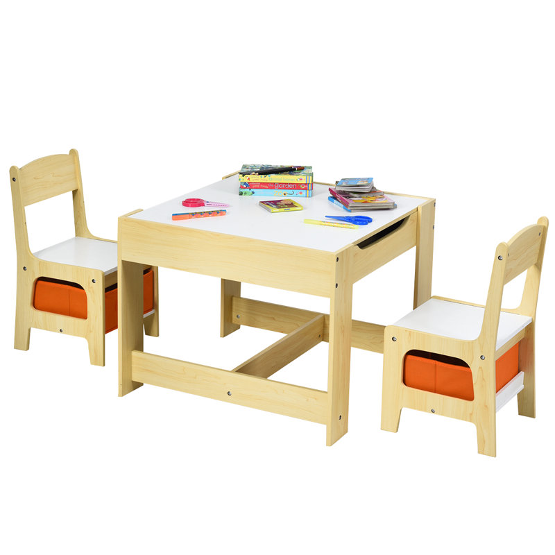 Thurmont Kids 3 Piece Square Play Or Activity Table and Chair Set, White, Natural