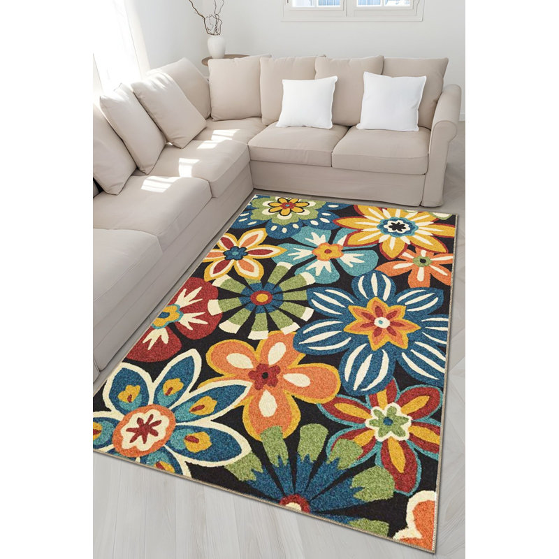 Multi Color Mixed Abstract Flower Pattern Creative Modern Decorative Machine Washable Area Rug, Square 3'11"