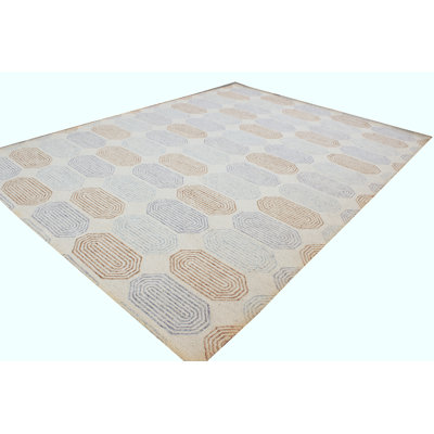 Hand Tufted Modern Geometric Octagon Pattern Ivory Beige Wool Area Rug