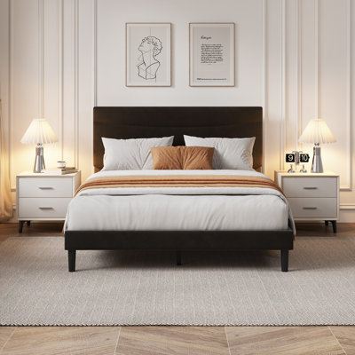 Queen Velvet Upholstered Platform Bed Frame with Headboard, Wood Slat Support, Underbed Storage & No Box Spring Required