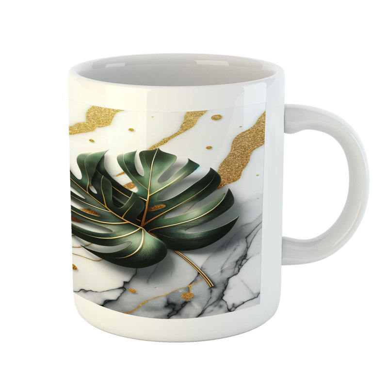 House of Hampton Monstera Ceramic Coffee Mug Marble Mid Century Boho 11 oz Dimgray Hunter Green