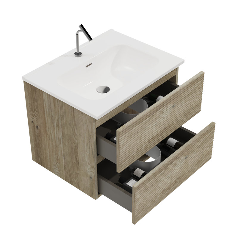 Meuble-lavabo flottant en chêne brut de 24 po avec lavabo à débordement, 20% de rangement en plus, glissières de tiroir silencieuses, conception élégante à poignée, tiroirs doubles intégrés aux planches de catégorie E1 pour un style à fermeture en douceur, et