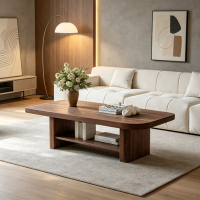 Table basse de 47,2 po en forme d'éventail avec tablette de rangement inférieure, finition grain de bois de noyer, table de salon moderne de style Mid-Century, mobilier d'appoint de style maison de campagne pour grands espaces, assemblage facile