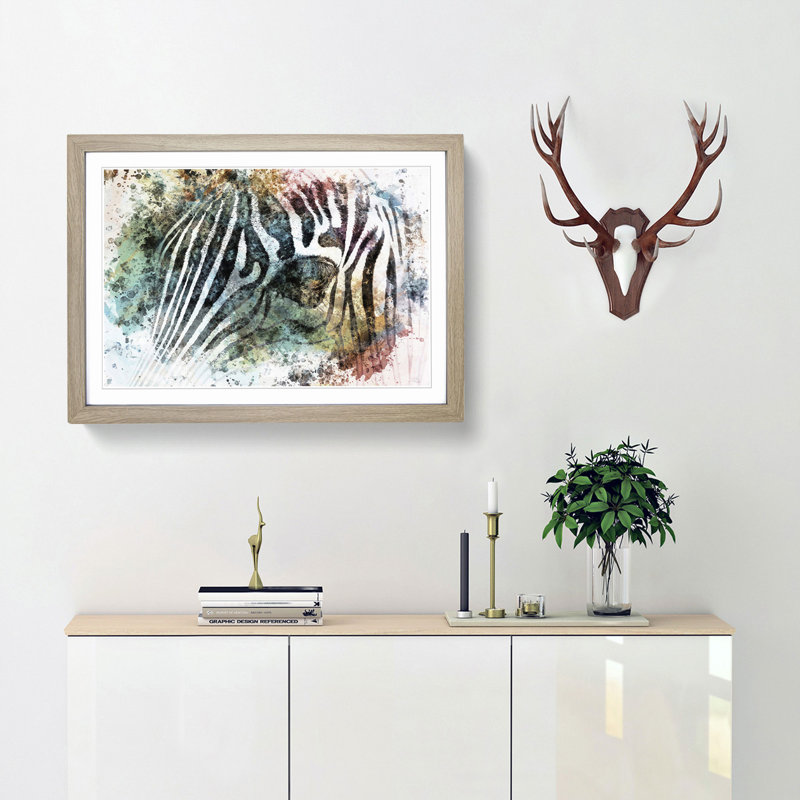 Portrait of a Zebra in Abstract - Picture Frame Painting Print, 50cm H x 76cm W x 2cm D, Oak