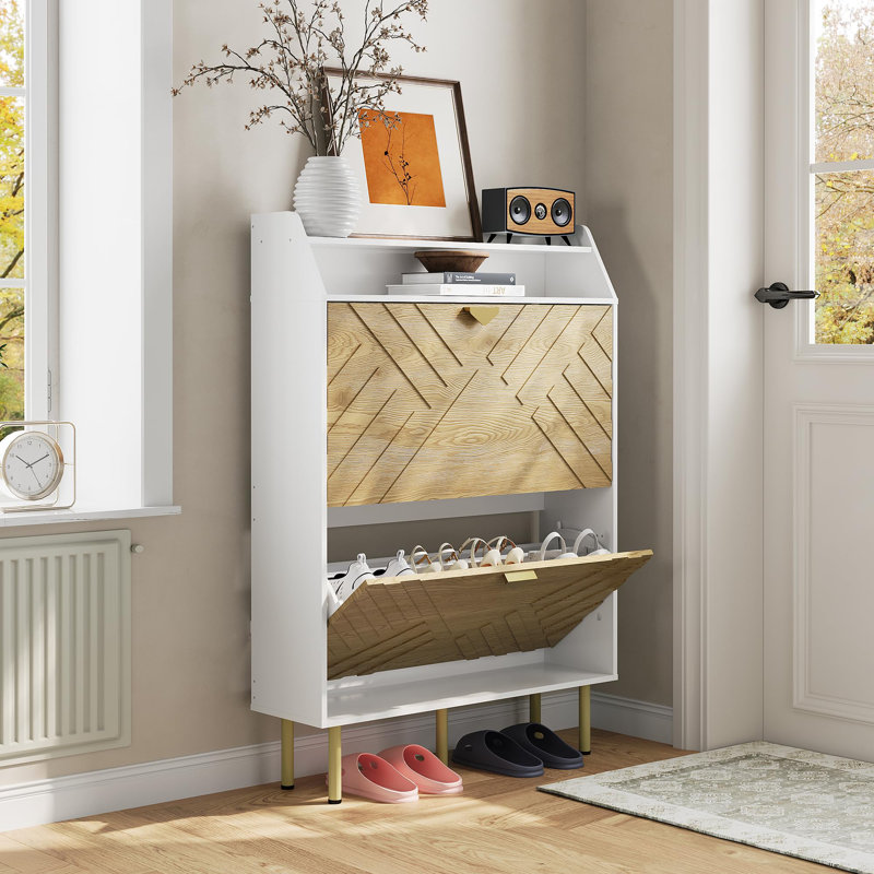 Slim Shoe Cabinet with 2 Flip Drawers, Hidden Entryway Shoe Storage Organizer with Adjustable Shelves