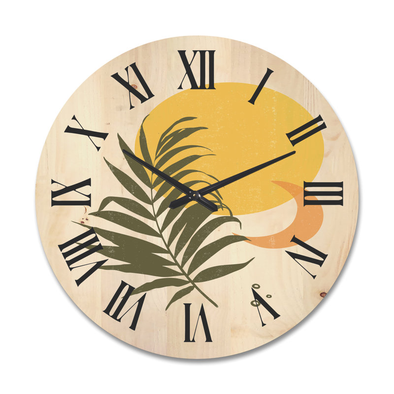 Horloge murale abstraite soleil et lune avec feuille tropicale I, Grand