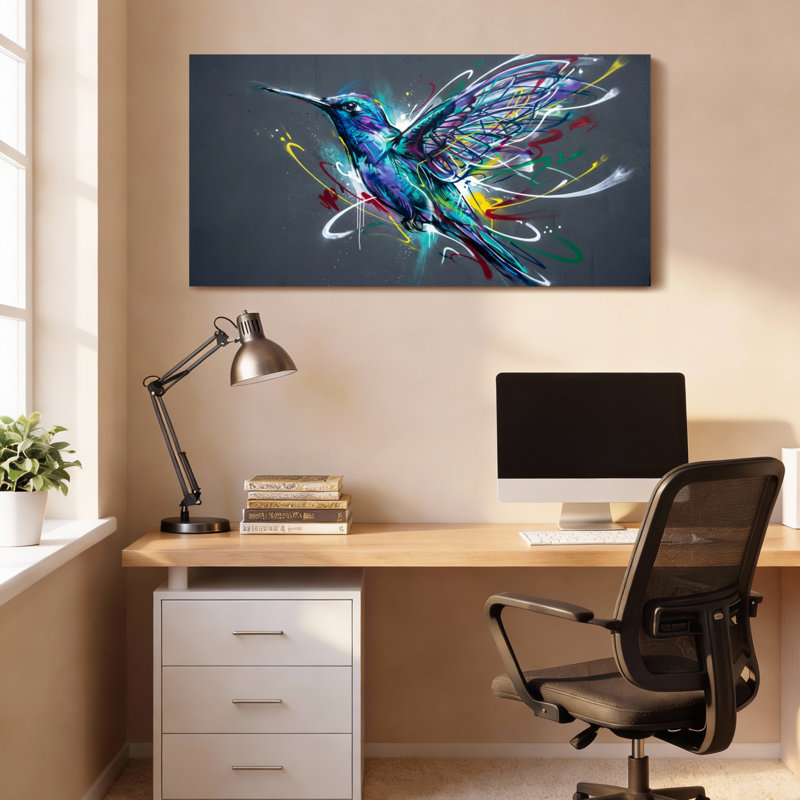 Ensemble d'une toile imprimée abstraite représentant un colibri coloré, 3216