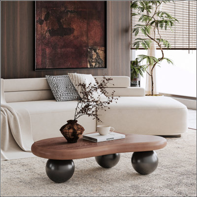 40 Inch Cloud Shaped Coffee Table With 3 Ball Legs For Living Room, Walnut Top And Black Legs, Perfect For Modern And Elegant Spaces