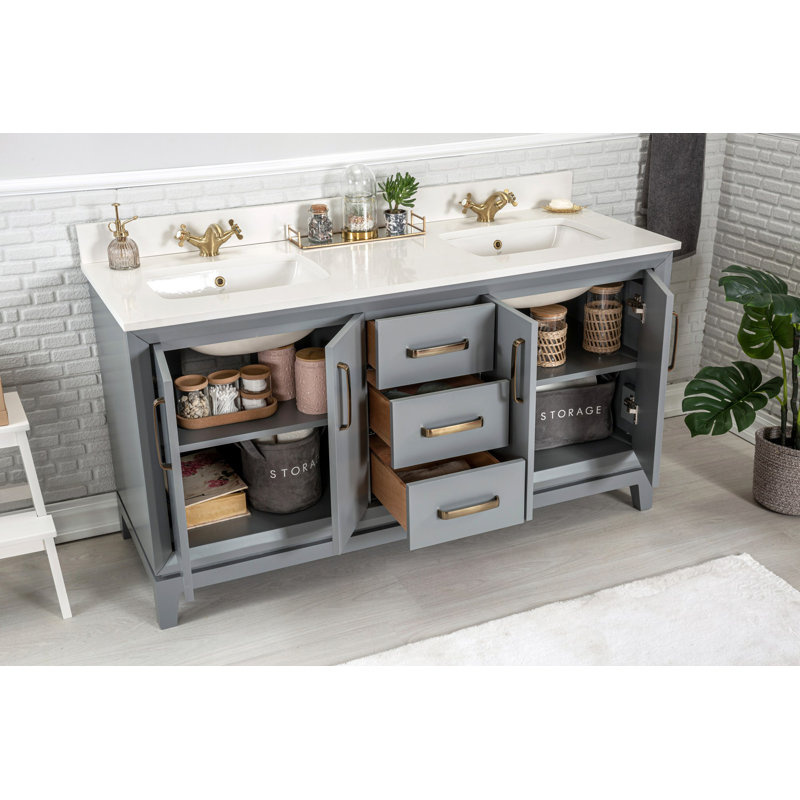 Ensemble de meuble-lavabo double 59 po avec miroir Ahseem, Gris foncé