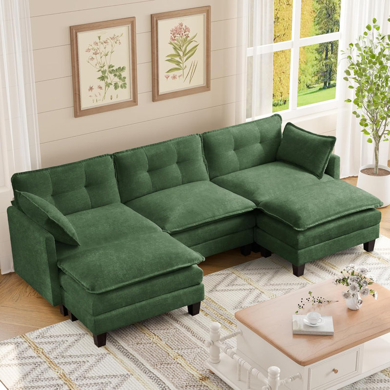 111.5" U-Shaped Corduroy Modular Sofa - 3-Seater with Cloud-Like Soft Seating & 2 Movable Ottomans, Modular Flexible for Customizable Living Layouts (Grey)