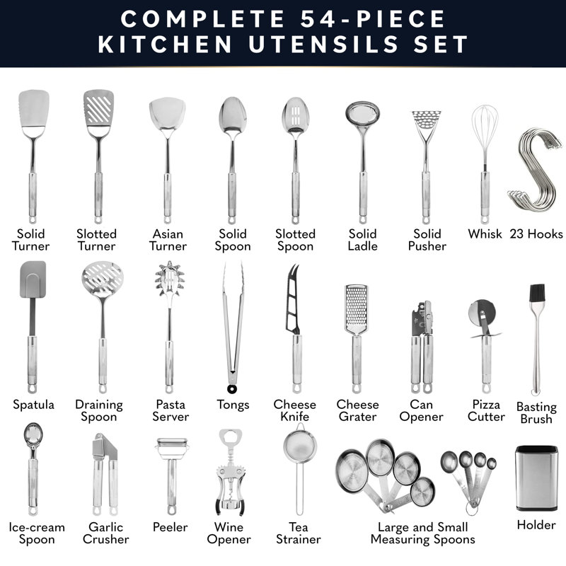 54 Pcs Stainless Steel Kitchen Utensils Set - Nonstick Stainless Steel Cooking Utensils Set - Heat Resistant Kitchen Essentials & Metal Kitchen Gadgets (54 Pcs)