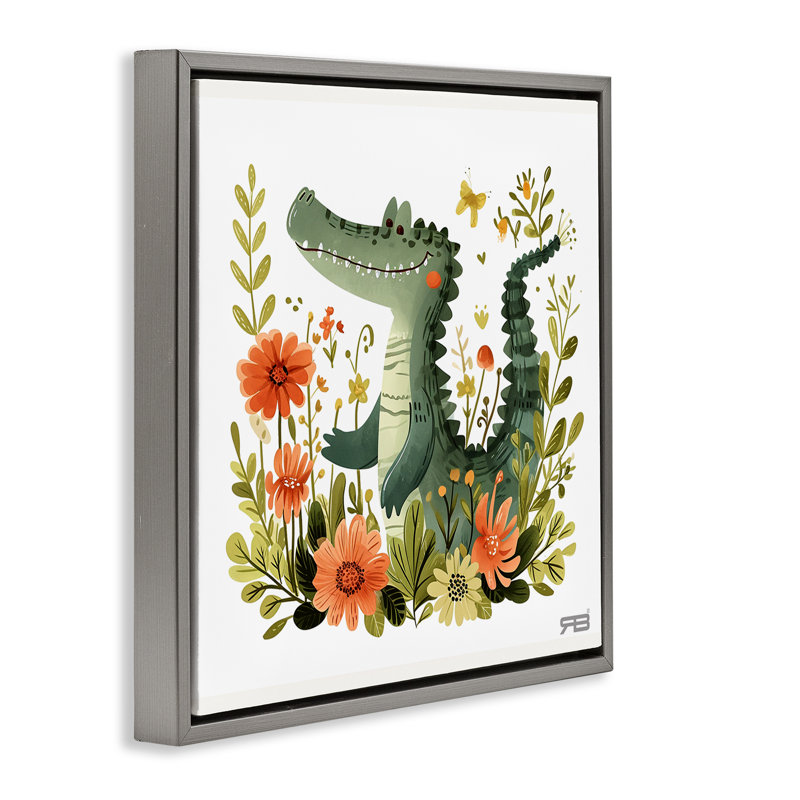 «Floral Happy Alligator», art mural encadré par Roozbeh Bahramali, H 18 po x l 18 po, Cadre flottant orme Montalcino