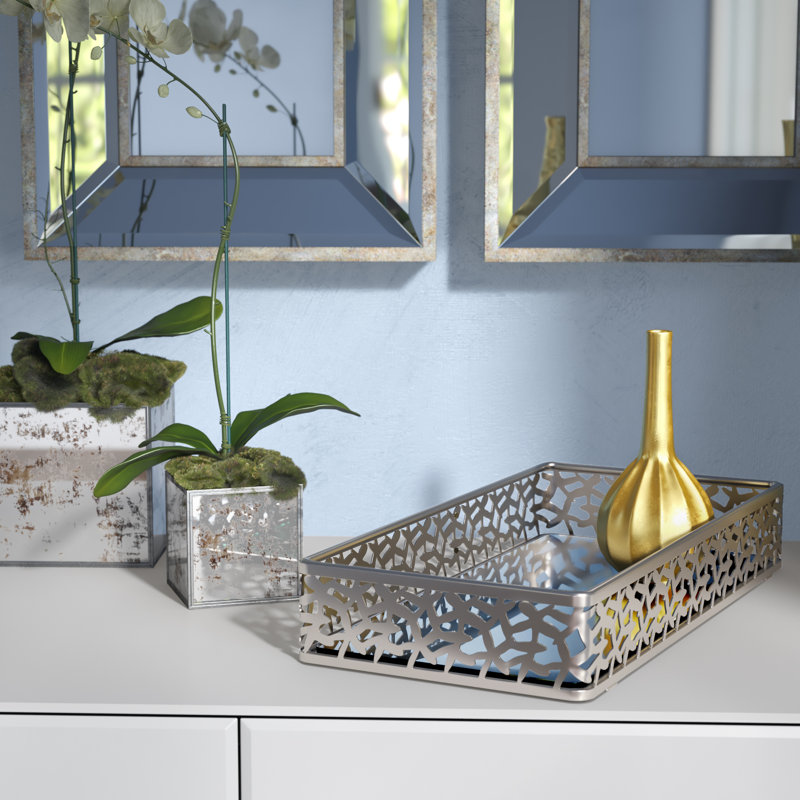 Satin Nickel Leaf Design Mirrored Vanity Tray