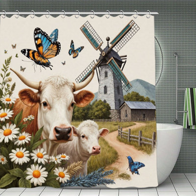 Country Cow Windmill Shower Curtains For Bathroom, 71 X 71