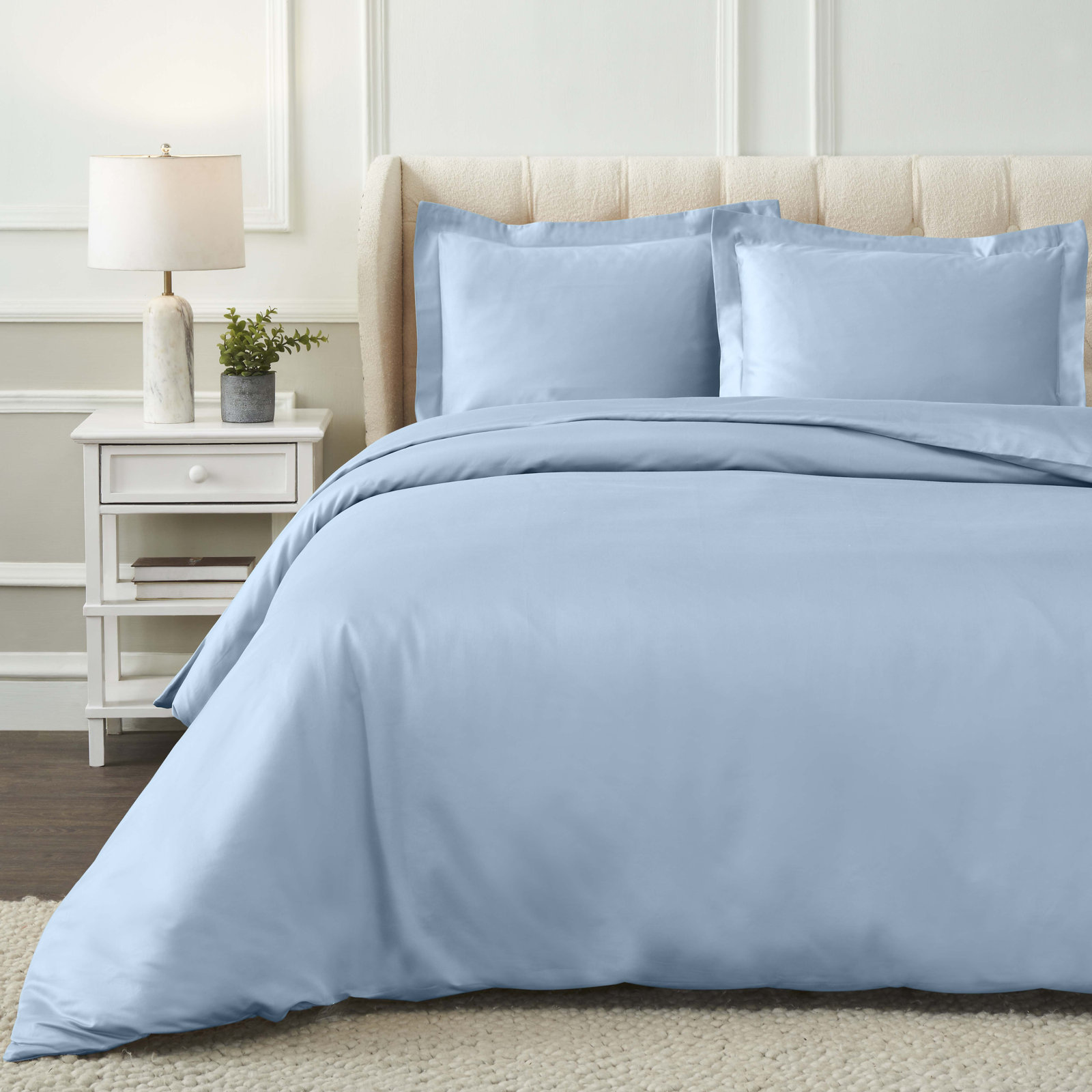 Mellark 1200 Thread Count Egyptian Cotton Solid Duvet Cover Set, Full/Queen Duvet Cover + 2 Standard Shams, Light Blue