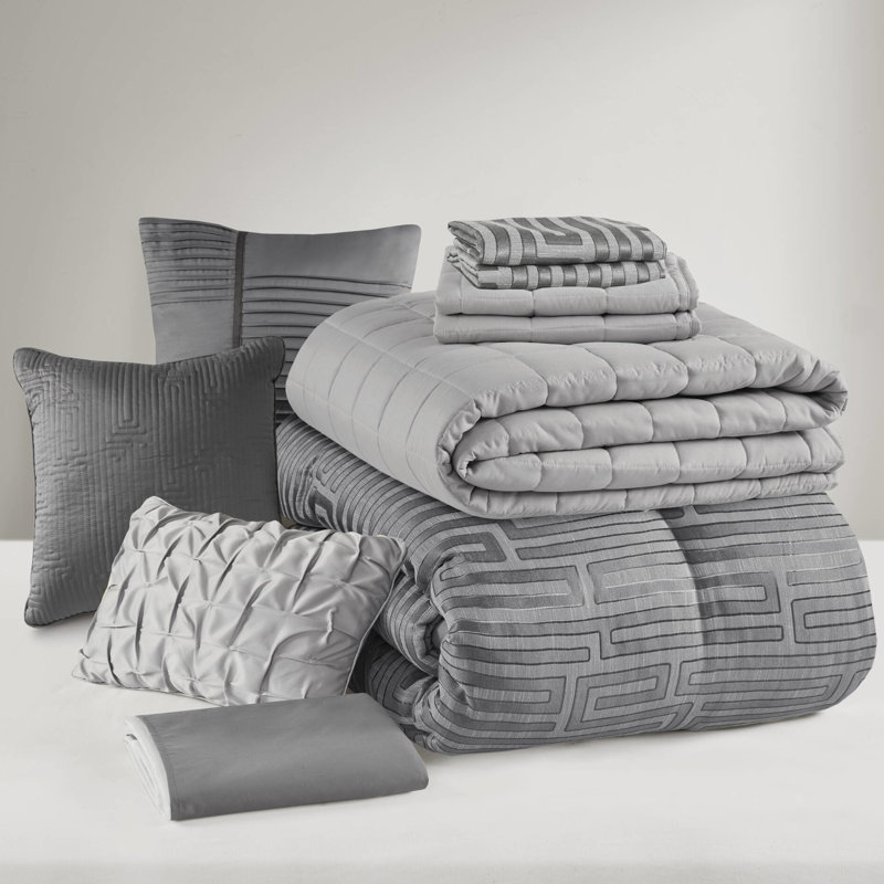 Édredon très grand de luxe gris 10 pièces avec édredon, courtepointe, taies décoratives, coussins décoratifs et texture délicate