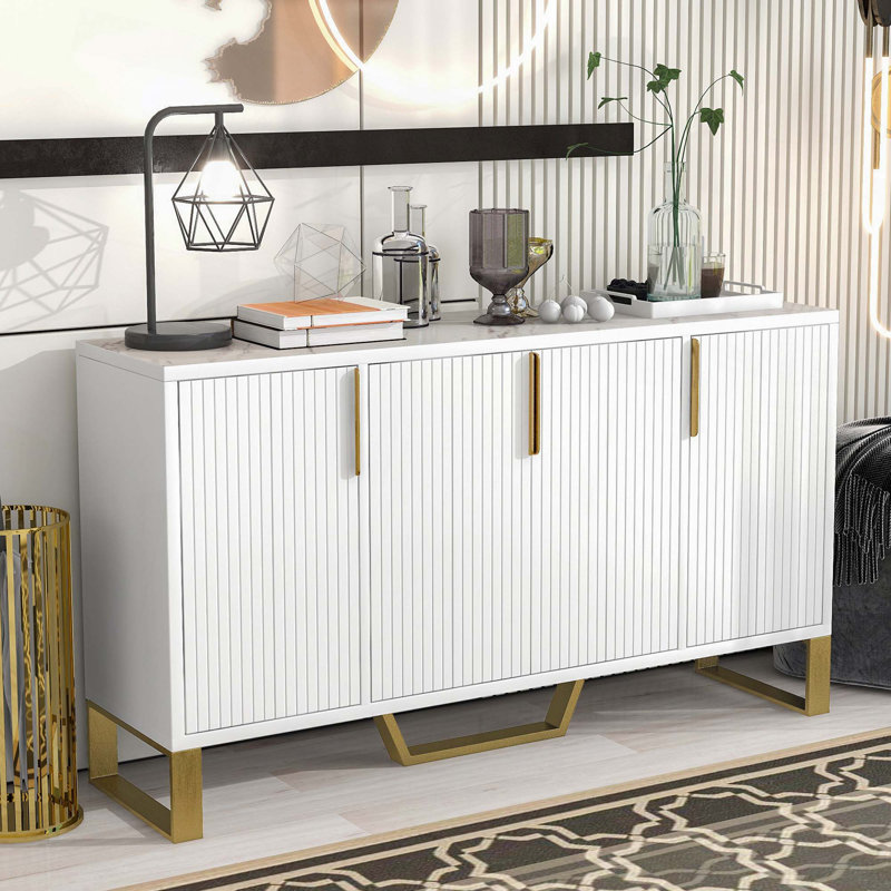 Buffet moderne avec quatre portes, poignées et pieds en métal et armoire de cuisine à tablettes réglables, Blanc