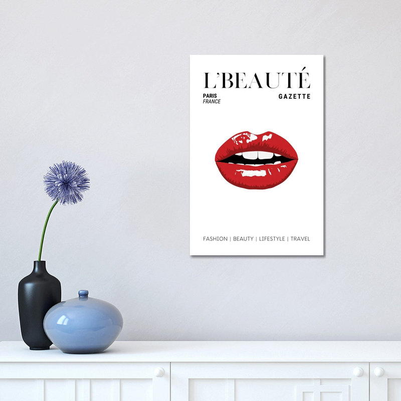 L'Beaute Gazette Beauty Magazine Cover With Classic Glossy Red Lips 1 Piece Wrapped Canvas Wall Art, 30.48 cm H x 45.72 cm W