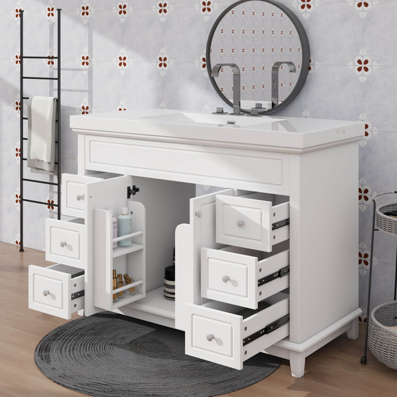 Meuble-lavabo 48 po avec fonction de fermeture silencieuse, lavabo en résine, 6 tiroirs, portes doubles, tablettes à 2 niveaux
