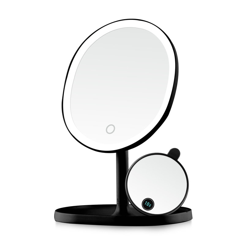 OVENTE 9" Rechargeable Lighted Tabletop Makeup Mirror with Mini Magnetic 10X Magnifying Mirror, Touch Screen Dimmable LED Lights, Portable Vanity Mirror Perfect for Bathroom or Travel, Black MOT22B