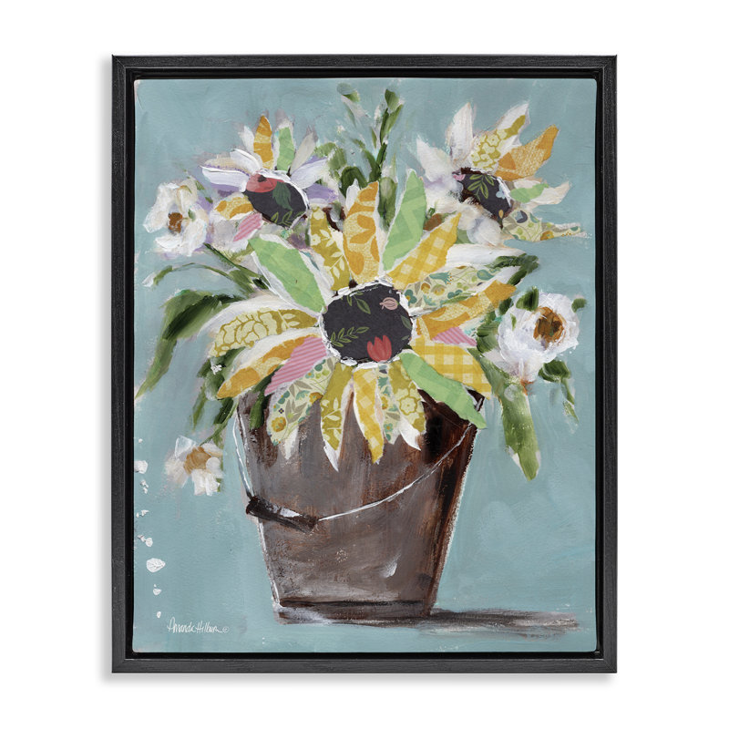 "Flower Bucket Bouquet", art mural sur toile flottante noire par Amanda Hilburn, H 31 po x l 25 po