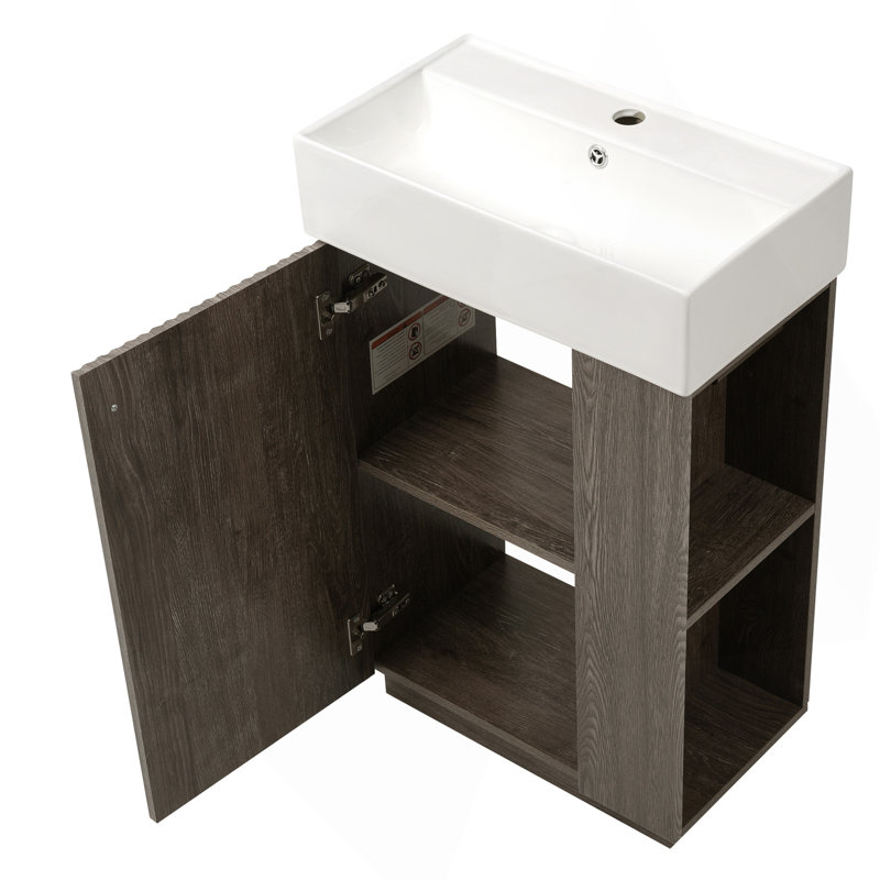 Video21.6" Bathroom Vanity With Ceramic Sink, Freestanding Modern Left Door Wood Grain Cabinet With Open And Closed Storage