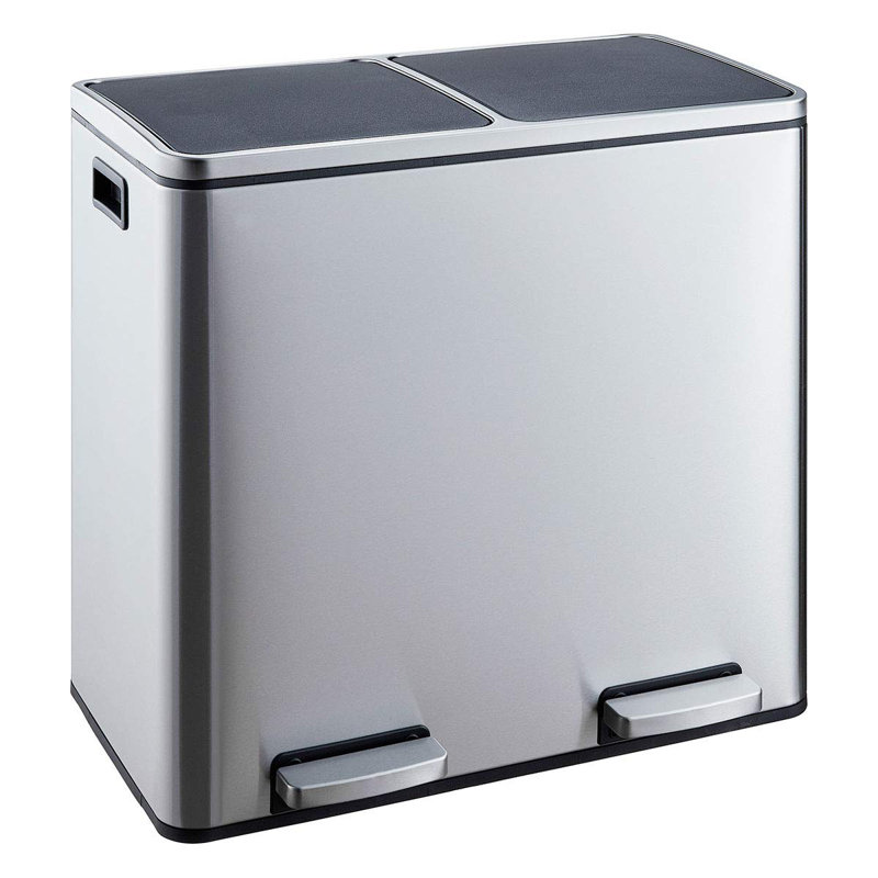 Stainless Steel Step On Multi-Compartment Rubbish & Recycling Bin - 60L, 65cm H x 58.5cm W x 36cm D, Silver