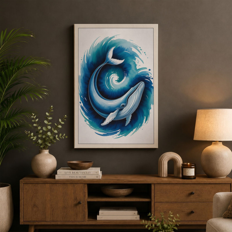 Whale in Motion Coastal - Wrapped Canvas, 30x20 - 76.2 x 50.8 cm, Black Border
