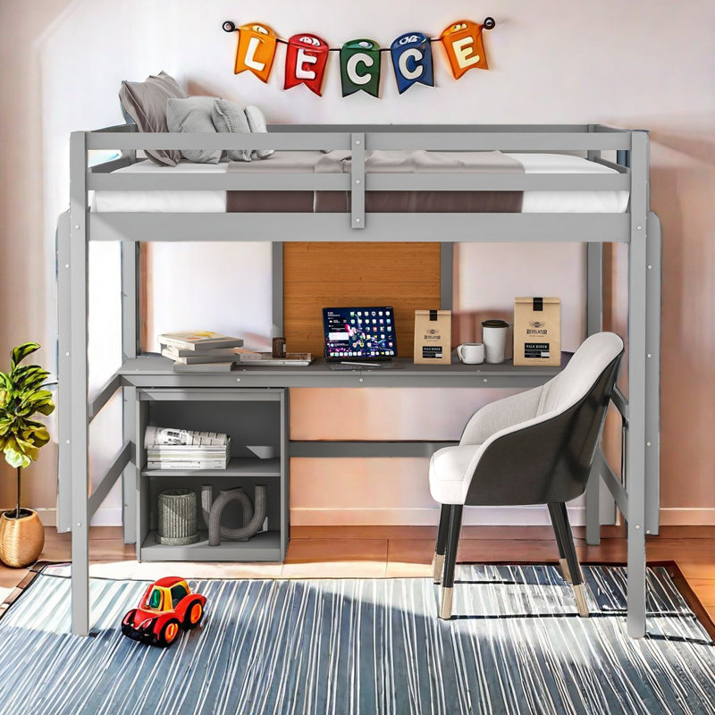 Lit mezzanine double pour enfants Josnyel, Gris