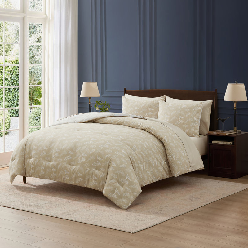 Nestl Botanical Bed in a Bag 7 piece Comforter Set with Sheets & Pillow Shams, Oatmeal/Offwhite