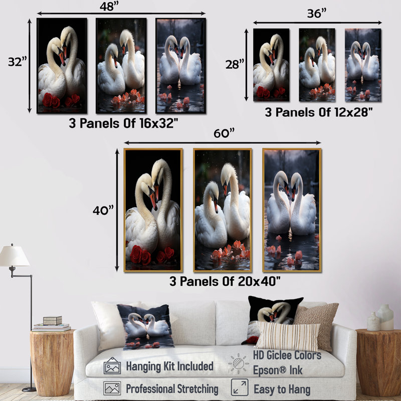 Swans Romantic Portrait - Ensemble de 3 décorations murales Swans, Cadre flottant noir, H 40 po x l 60 po