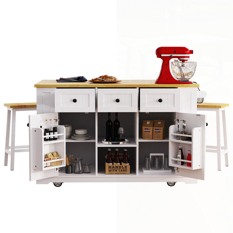 Spacious Kitchen Island With Bar Stools, Power Outlet, And Ample Storage For Enhanced Cooking And Organization, White