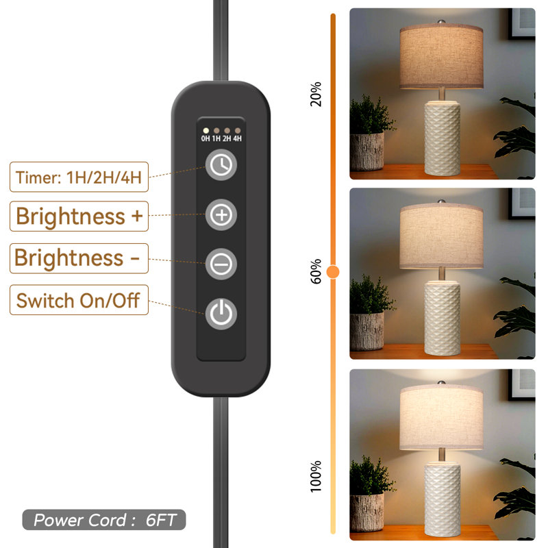 23" Bedside Lamps Set of 2, Dimmable Ceramic Table Lamps for Night Stands, Farmhouse Bedroom Lamps with Timer, LED Bulb Included