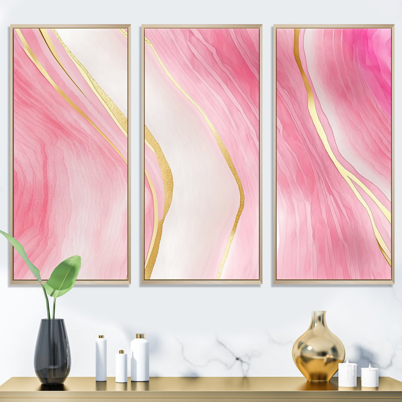 «Abstract Geode Marble Waves Pink II», reproduction sur toile 3 pièces, H 28 po x l 36 po x P 1 po, Cadre flottant brun