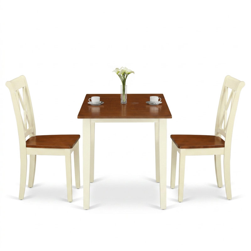 Ensemble de table et de salle à manger rectangulaires en bois dur asiatique (hévéa) de couleur cerisier babeurre, avec rallonges rabattables et chaises à double dossier en X.