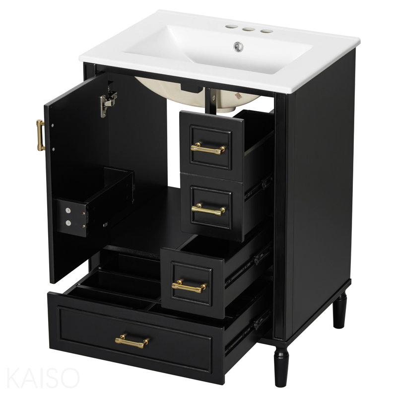  24" Bathroom Vanity with Ceramic Sink & Soft-Close Door & 3 Drawers - Black, Black