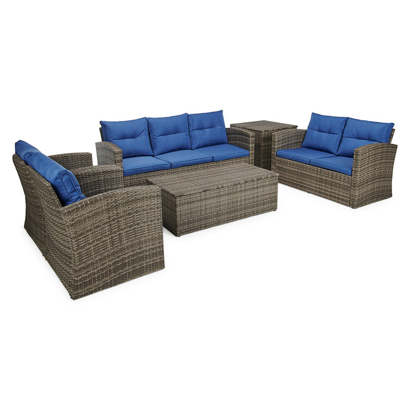 Ensemble de conversation avec canapé en rotin 6 pièces avec coussins Bentyn, bleu, Gris